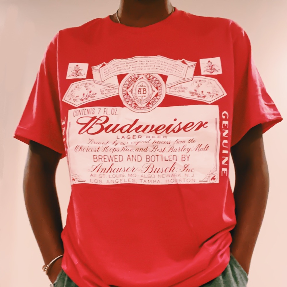 distressed red budweiser t-shirt